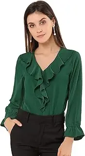 [Allegra K] Women's Ruffle V Neck Chiffon Blouse Bracelet Sleeve Vintage Peasant Top