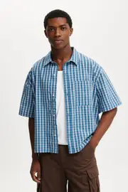[Cotton On Men] Cotton On Men - Darcy Short Sleeve Shirt - Blue grid check S BLUE GRID CHECK