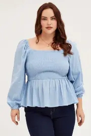 Blue Shirred Top Long Sleeve Textured Cotton