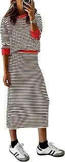 [PRETTYGARDEN] Women's 2 Piece Striped Sweater Set Casual Fall Long Sleeve Knit Pullover Midi Skirts Matching Travel Outfits