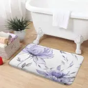 Purple Grey Watercolor Floral Bath Mat,Flower Leaves Minimalist Aesthetic Non