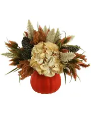 Creative Displays Hydrangea and Pampas Autumn Faux Floral in an Orange Pumpkin Vase