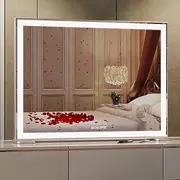 Large Vanity Mirror with LED Light, Hollywood Lighted Makeup Mirror, Tabletop/Wall Mirror for Bedroom & Dressing Room, Smart Touch Screen, 3 Color Modes, 92 * 68cm, Silver