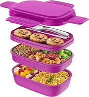 [HOMETALL] Bento Box Adult Lunch Box,3 Stackable Containers for Adults, Modern Minimalist Design with Utensil Set, Leak-Proof Lunchbox Dining Out, Work, School, Picnic Purple