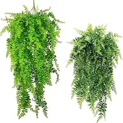 GBESTWOOW Boston Ferns Artificial Persian Rattan Fake Hanging Plant Faux Greenary Vine Outdoor UV Resistant Plastic Plants for Wall, Wedding Party Decor-2 pcs