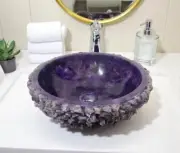 24" Round Amethyst Stone Sink Bathroom & Kitchen Washbasin Crystal Healing Decor