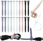 Zip Ties, Reusable Silicone Zip Ties, 20pcs Rubber Cable Ties Straps for Wire Management, Elastic Cable Organizer for Home Office Table Desk. 4.5” Cord Ties in White, Black, Pink, Purple and Blue