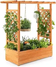 [Costway] Raised Garden Bed with Trellis, Indoor & Outdoor with Top & Side Trellis, Drainage Holes, Elevated Feet for Vine Climbing Plant, Free-Standing Planter Container for Patio Garden Balcony