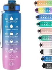 1L Motivational Water Bottle with Straw, Time Marker, Leakproof Tritan BPA-Free