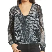 New All Saints Wrap Blouse Womens 2 Top Feather Blue Fara Stretto Surplice Sheer