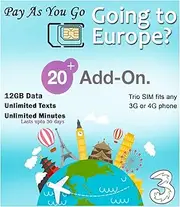 PrePaid Europe (UK Three) sim Card 2GB/5GB/12GB Data+Unlimited Minutes+Unlimited Texts for 30 Days with Free Roaming/USE in 71 Destinations Including Europe,South America and Australia (12GB Data)
