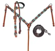 Showman Turquoise & Orange Aztec Design Beaded Headstall & Breast Collar Set