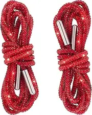 [BEIQIYA] 2pcs Glitter Rhinestone String, Bling Hoodie Drawstring Replacement, Sparkly Crystal Round Shoelaces for Sweatpants Shorts Shoes Bags Dresses Hoodies Bags- Red, Red