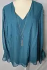 Jm Collection Plus Size Smocked-Sleeve Necklace Top, Color Teal Evergreen Sz 2X