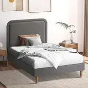 Oikiture King Single Bed Frame with Bed Head Fabric Bed Platfrom Grey