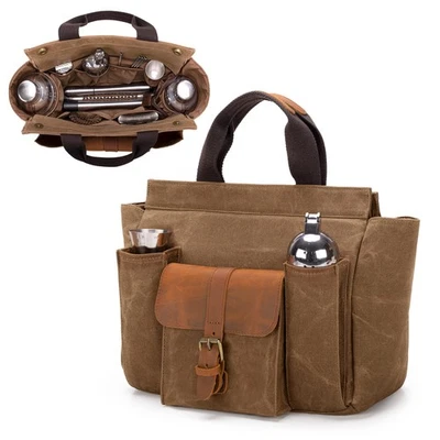 Tote Bartender Bag, Genuine Leather Waxed Canvas Portable Carrying Cocktail S...