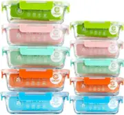 10-Pack Airtight Glass Meal Prep Containers with Lids - 5 Colors