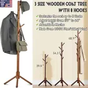 Wooden Coat Rack Tree Stand with 8 Hooks 3 Adjustable Sizes Hats Handbags Racks