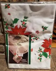 NOS Vintage White Christmas By Sunweave 70x104" Rectangle Tablecloth Poinsettia