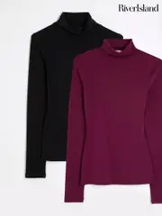 River Island Burgundy/Black 2 Pack Roll Neck Long Sleeve Tops (AN6104) | $69