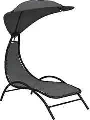 Camping Sunloungers Reclining Patio ChairsDark Grey Fabric and Steel Sun Lounger with Canopy (167x80x195 cm)