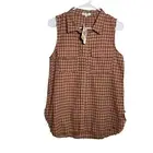 No Comment Blouse Women's Medium Brown Plaid Button Up Fringe Tank Top NWT