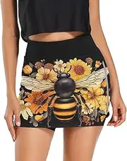 [RPLIFE] Bee Flowers Floral Black Skirt, Women Running Shorts with Pockets, Athletic Running