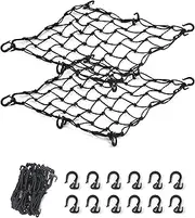 2 Pack Black Cargo Nets, Heavy Duty Latex 17"X17" Bungee Net Stretches to 34"x34", Gear Helmet Luggage Net with Tight 2.3"x2.3" Mesh & 12 Adjustable Plastic Hooks for Motorcycle, Bike, ATV