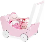PINOLINO Jasmine Complete Doll's Pram Set, 4 Pieces, Pink & White, Includes Bedding, Rubberised Wheels, MDF, for Children from 3 Years, Ideal as a Gift