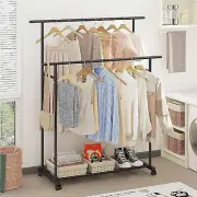 Double Rods Garment Rack with Wheels,Portable Clothing Rack with Shelves, Heavy