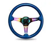 NRG 350MM STEERING WHEEL BLUE Classic Wood Grain & Neo Chrome 3-SPOKE Center (for: Toyota)