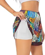 [JEJEA] License Plate Map Print Summer High-Waisted Athletic Shorts Women's Running Workout Shorts, Ideal for Gym Yoga Casual