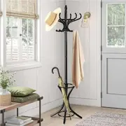 Coat Rack Stand Wooden Hat Clothes Umbrella Standing 12 Hooks Hanger Walnut Tree