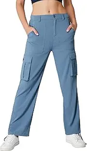 [Zoofly] Womens Cargo Pants Hiking Wide Leg Pants Lightweight Travel Leggings Comfy Button Leggings with 6 Pockets