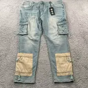 Serenede Jeans Mens 44x34 Cyber Cloud Cargo Utility Pockets Patchwork Baggy New