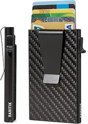 [RARITIK] Slim Wallet for Men - Pop up Card Holder RFID Blocking Minimalist Business Credit Card Wallet with Money Pocket & Money Clip Metal Card Case for Notes and Coins and Debit Cards, Carbon Fiber,