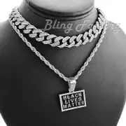 Hip Hop Silver PT BLACK LIVES MATTER w/ 24" Rope Chain & 18" Iced Cuban Necklace