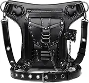 [Valentoria] Gothic Waist Bag Fanny Pack Leather Steampunk Bag Purse Chain Leg Bag Crossbody Shoulder Messenger Hip Pouch, Black 095, Large