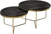 Round Modern Nesting Coffee Tables Set of 2, Stacking Living Room Accent Tables with Marble Texture and Metal Frame, Circle Side End Table for Living Room/Black/60 * 37Cm+60 * 80Cm Feito na China