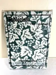 Vintage Vinyl Flannelback Oval Green Tablecloth Designer Print Leaves 52" x 70"