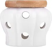 Vinkoe Kitchen Garlic Keeper Vented Ceramic Storage Container White Stoneware with Bamboo Lid