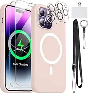 Temdan Magnetic Liquid Silicone for iPhone 14 Pro Case,[Compatible with Magsafe][2X Glass Screen Protector+Camera Protector] Slim Shockproof Case [Soft Anti-Scratch Microfiber Lining] Pink