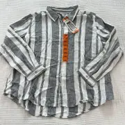 Orvis Top Women XXL 2X Blue Stripe Linen Blend Button Up Shirt Roll Tab Sleeve