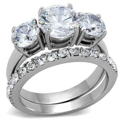 4.50 CT 3 ROUND CUT AAA CZ STAINLESS STEEL WEDDING RING SET size 5-10