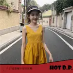 【HOT 本舖】夏季新款 無袖洋裝 露肩V領 純色 連衣裙 女 高腰顯瘦 中長款 A字形裙子 背心裙 學院風 甜美可愛