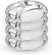 Stainless Steel Divided Thali Round Dinner Plates 4 Compartments 4 pcs By KSJONE