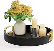 Round Decorative Tray - 12" Round Black Tray with Gold Handles - Round Coffee Table Tray - Black Round Tray for Kitchen Counter - Small Round Wood Tray with Handles - Round Serving Tray with Handles