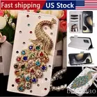 For Samsung Galaxy A14/A15/A35/S22 Bling Peacock Leather Flip Wallet Case Cover
