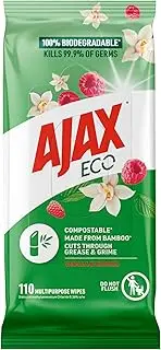 Ajax Eco Antibacterial Disinfectant Surface Cleaning Wipes, Bulk 110 Pack, Vanilla and Berries, Multipurpose, Biodegradable and Compostable, Made with Bamboo Fibres