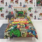Retro Comics Single Duvet Cover + Pillowcase Set Superheroes Official Marvel